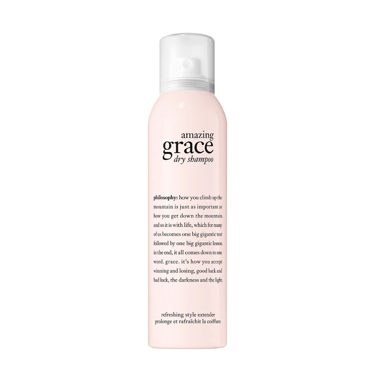Philosophy Amazing Grace dry shampoo in a light pink spray bottle with black text