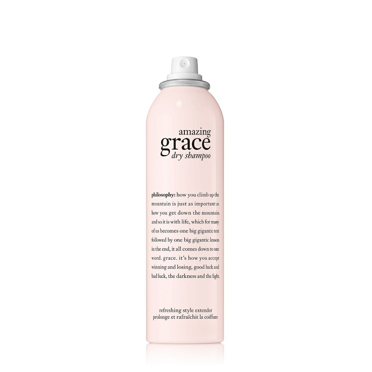 Philosophy Amazing Grace dry shampoo in a light pink spray bottle for refreshing hair
