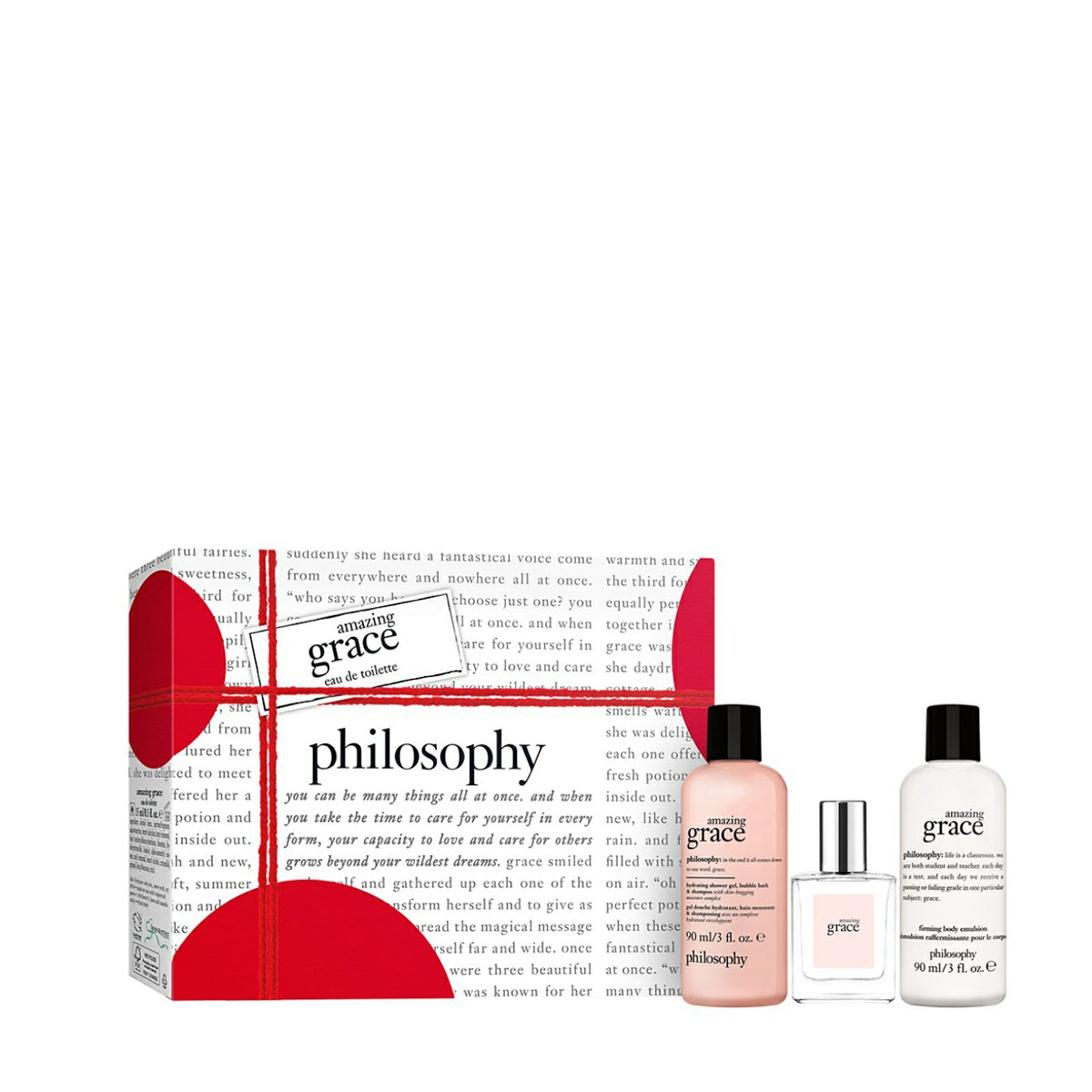Philosophy Amazing Grace gift set with eau de toilette spray, body lotion, and shower gel in white and pink packaging