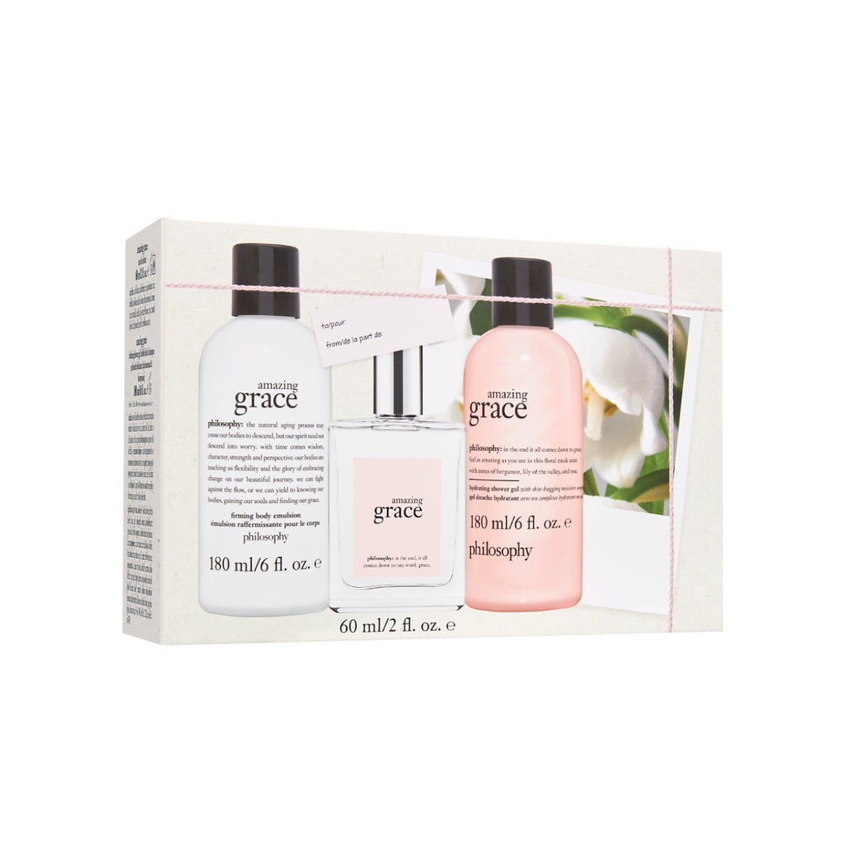 Philosophy Amazing Grace gift set with body lotion, eau de parfum, and shower gel in elegant packaging