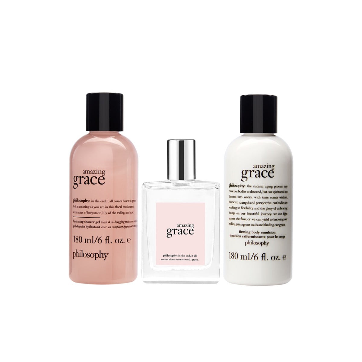 Philosophy Amazing Grace gift set with body wash, eau de toilette, and moisturizing body emulsion