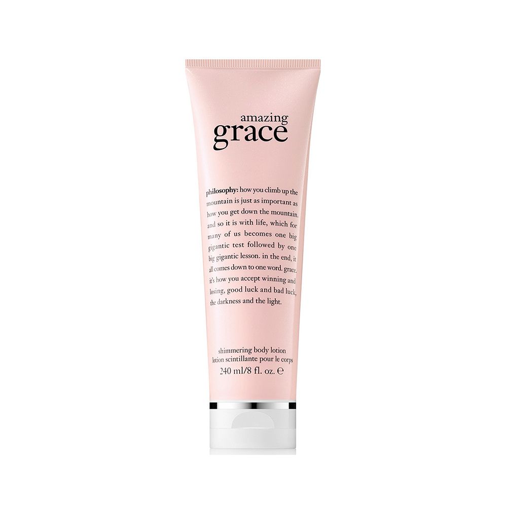 Philosophy Amazing Grace shimmering lotion in light pink tube with black and white text