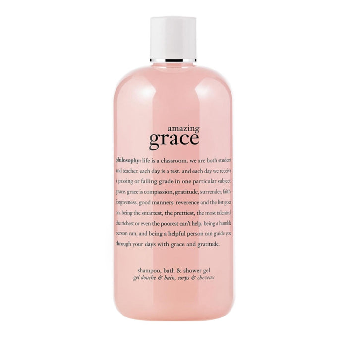 Philosophy amazing grace shower gel in a pink bottle with white cap and inspirational text