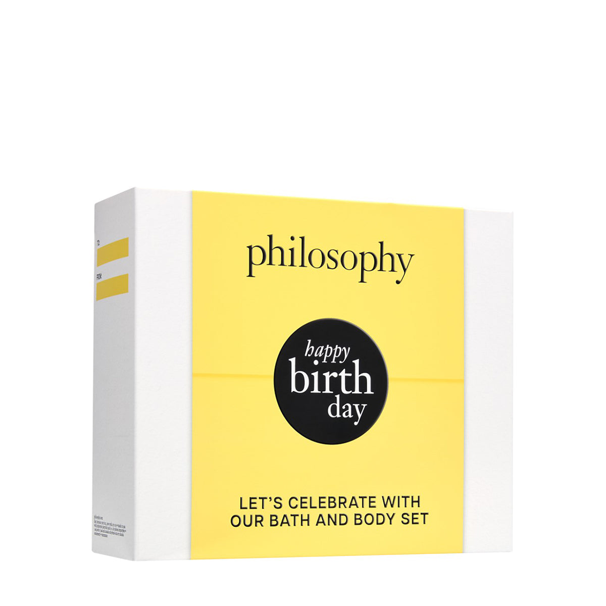 Philosophy birthday gift set with bath and body products in white and yellow packaging