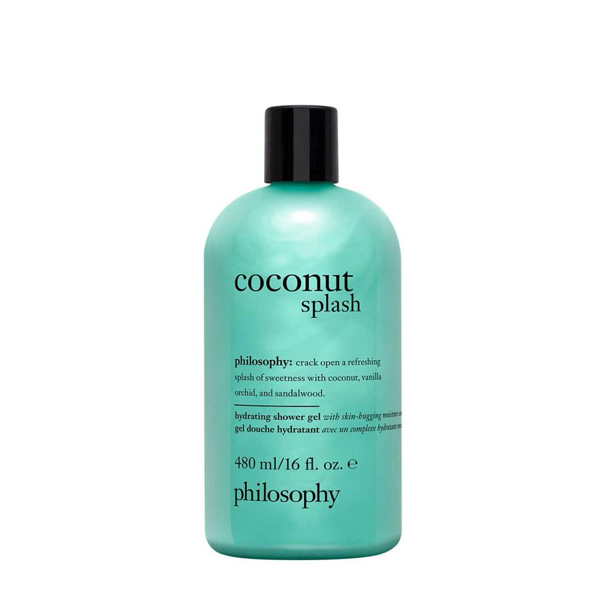Philosophy coconut shower gel in turquoise bottle with black cap 16 oz hydrating formula