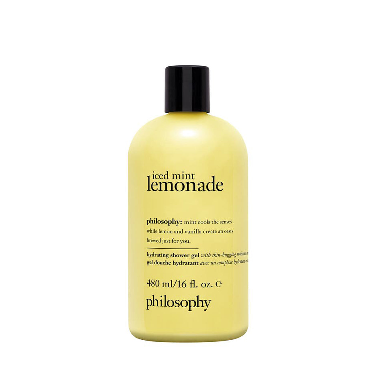 Philosophy iced mint lemonade shower gel in a yellow 16 fl oz bottle with black cap