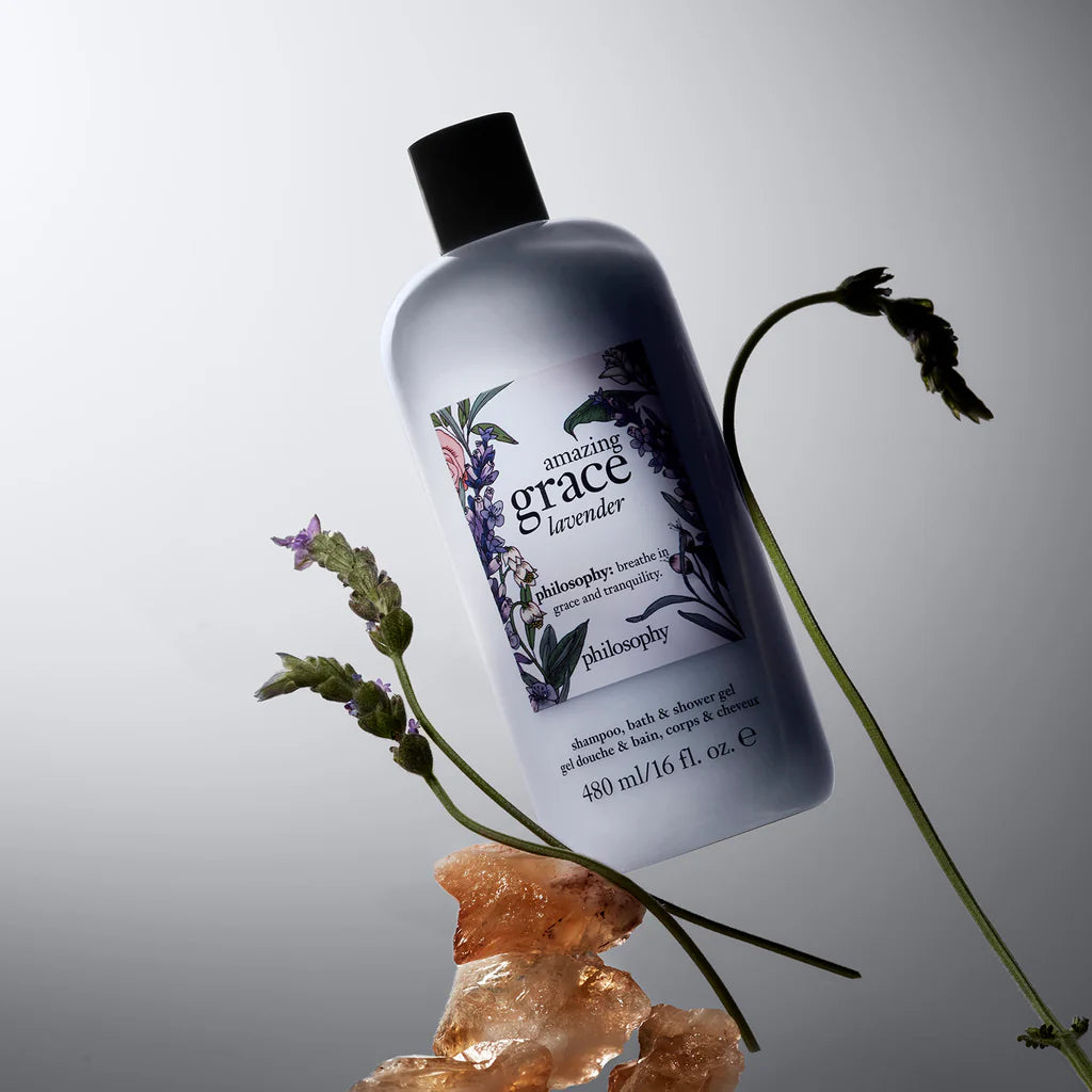 Philosophy amazing grace lavender shower gel bottle with botanical design and lavender flowers