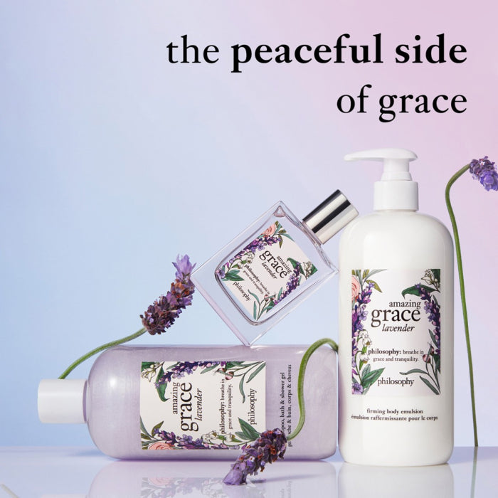 Philosophy lavender shower gel bottle and lotion with lavender flowers and peaceful side of grace text