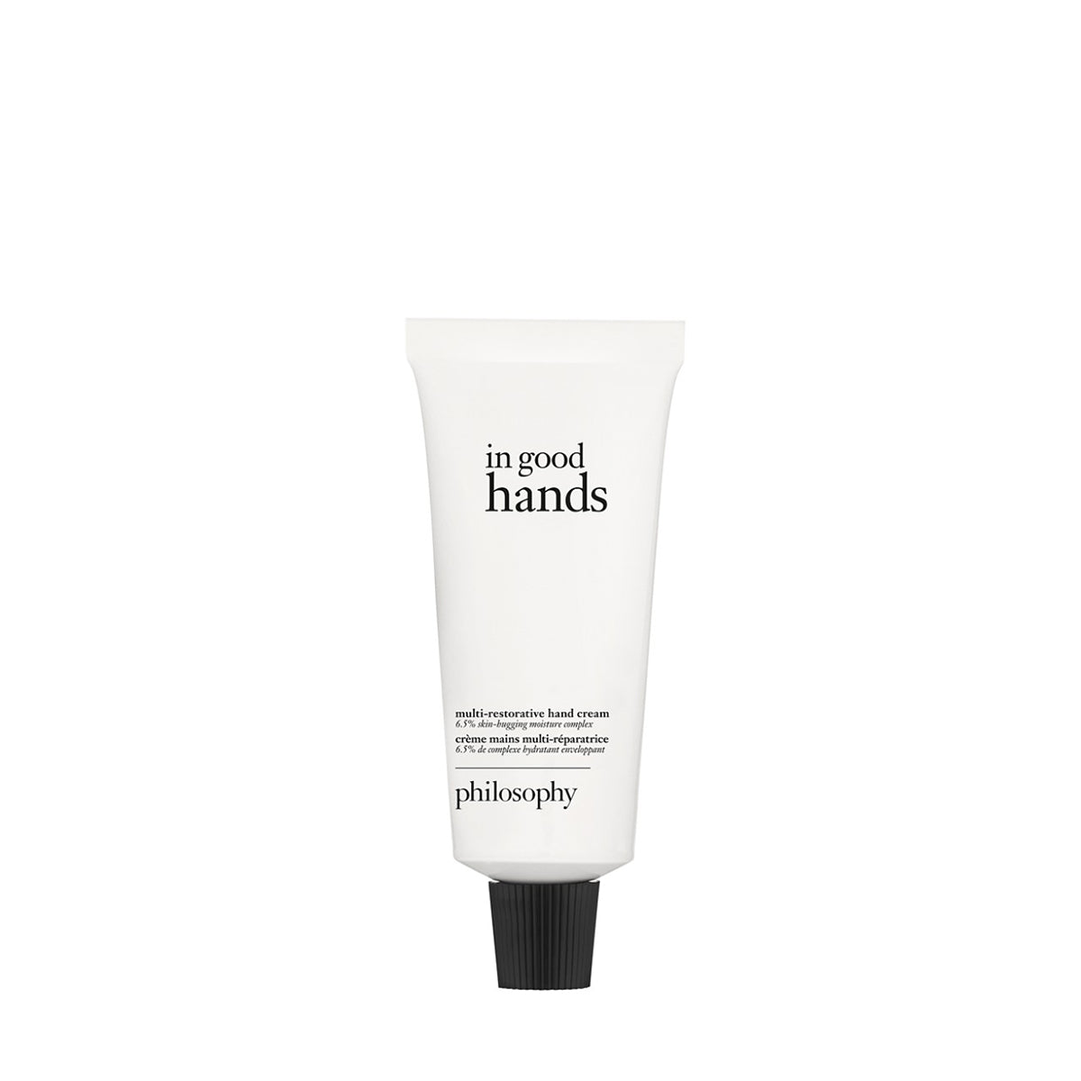 Philosophy in good hands multi-restorative hand cream in white tube with black cap