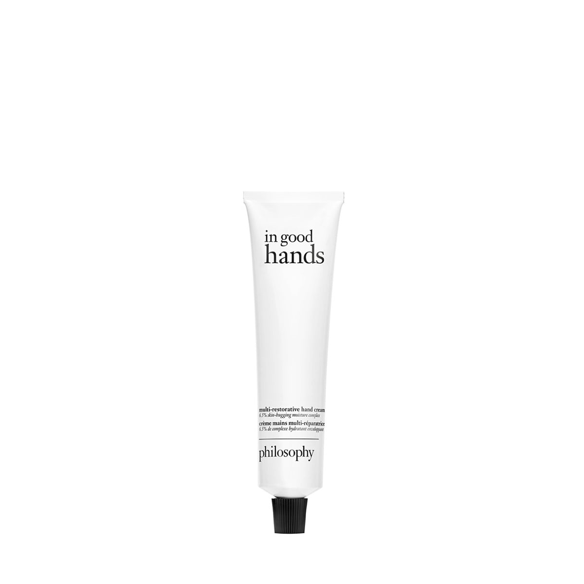 Philosophy in good hands multi-restorative hand cream in white squeeze tube with black cap