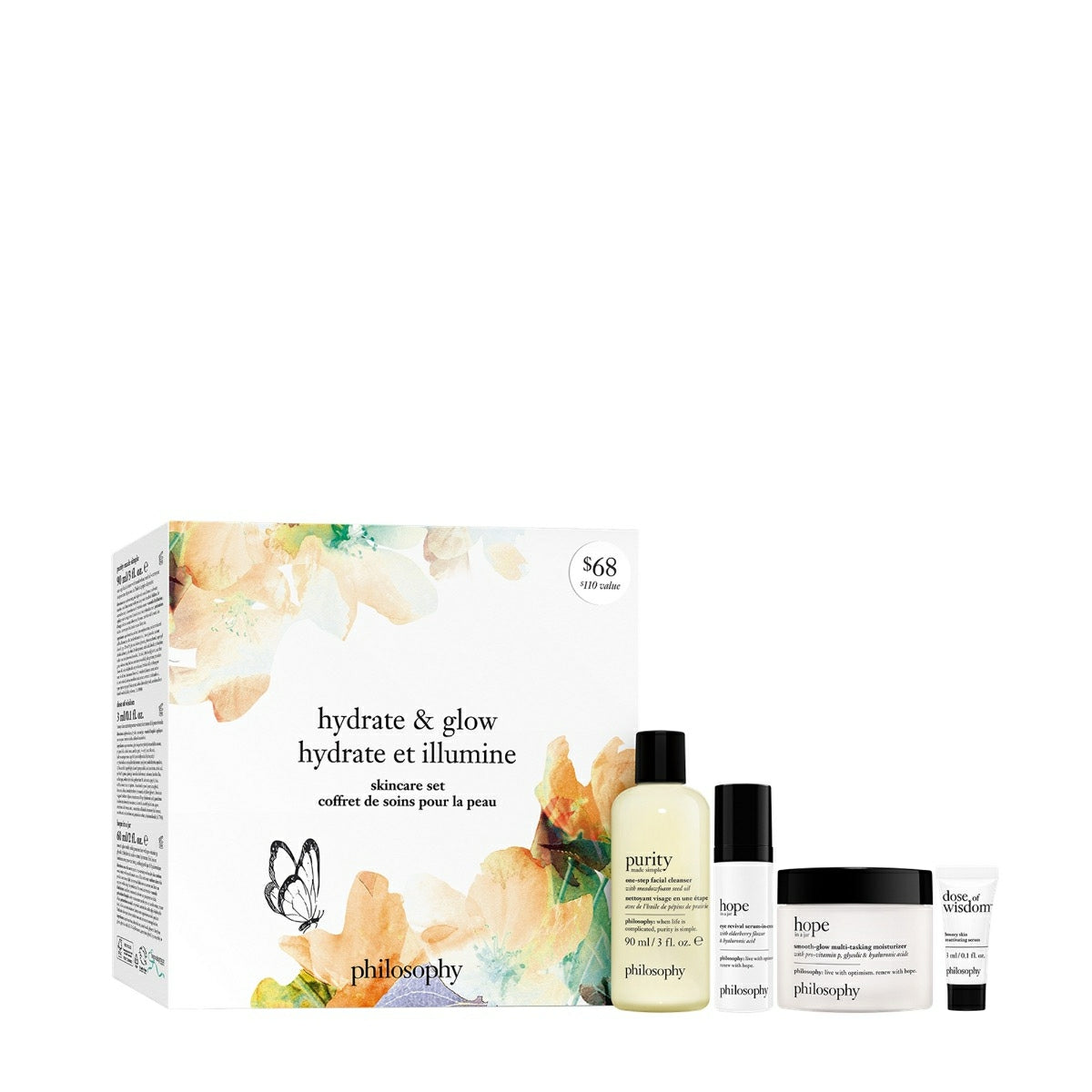 Philosophy Hydrate & Glow skincare set with cleanser, moisturizer, serum, and lip treatment