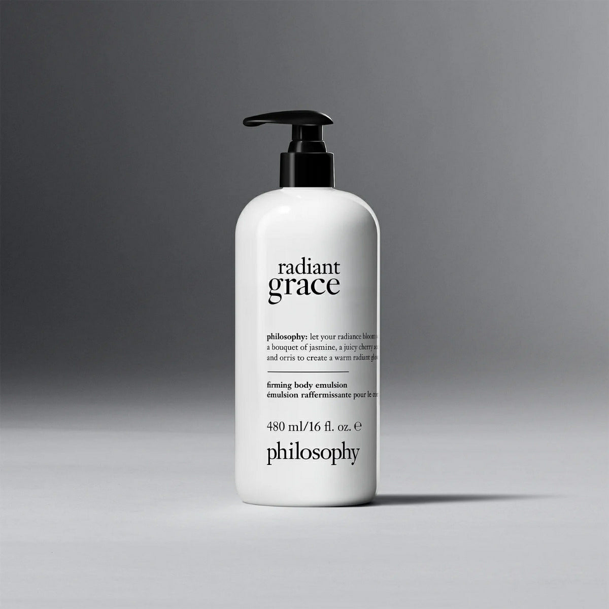 Philosophy Radiant Grace body emulsion 16 oz white bottle with black pump dispenser