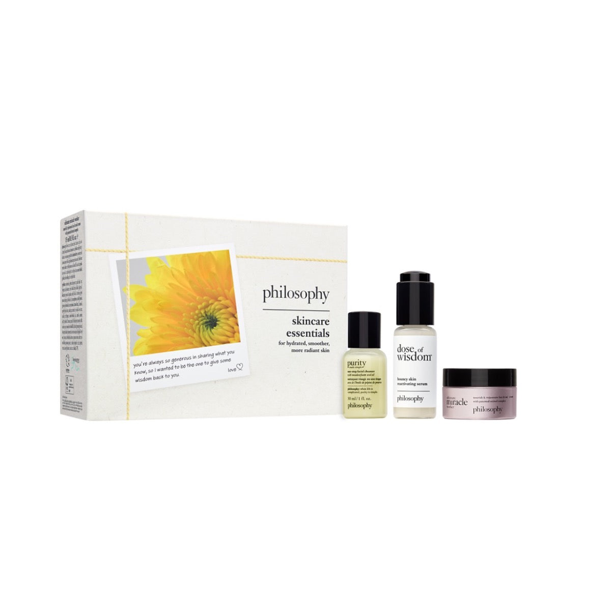 Philosophy skincare gift set featuring three travel-size fragrance and skincare essentials with white and yellow packaging