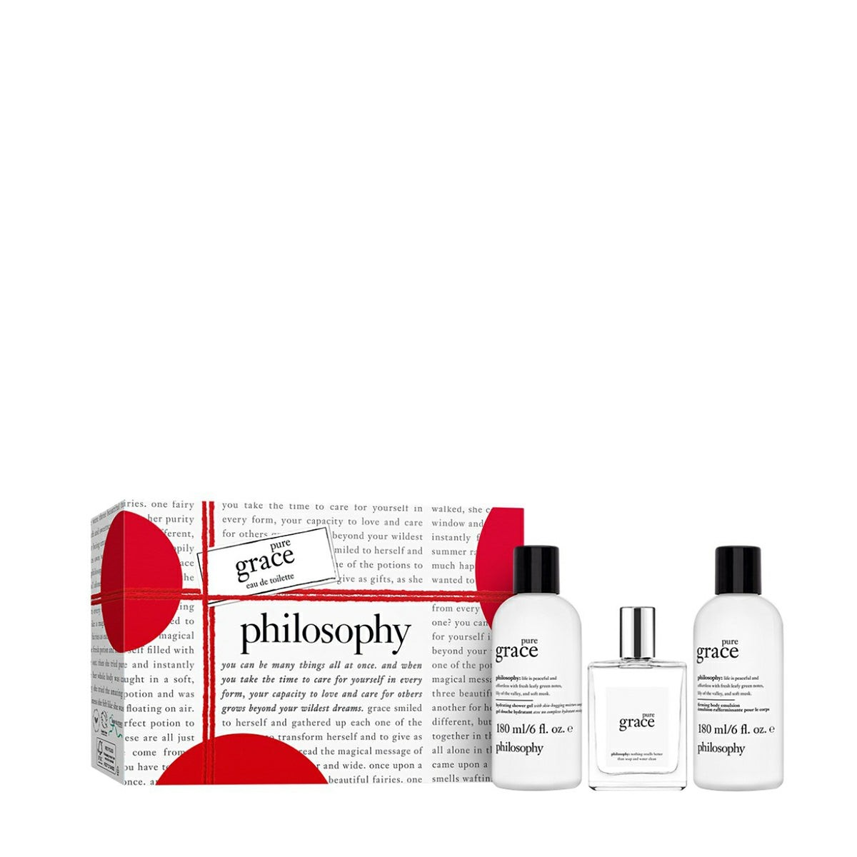 Philosophy Pure Grace gift set with fragrance, body lotion, and shower gel in white bottles with black caps