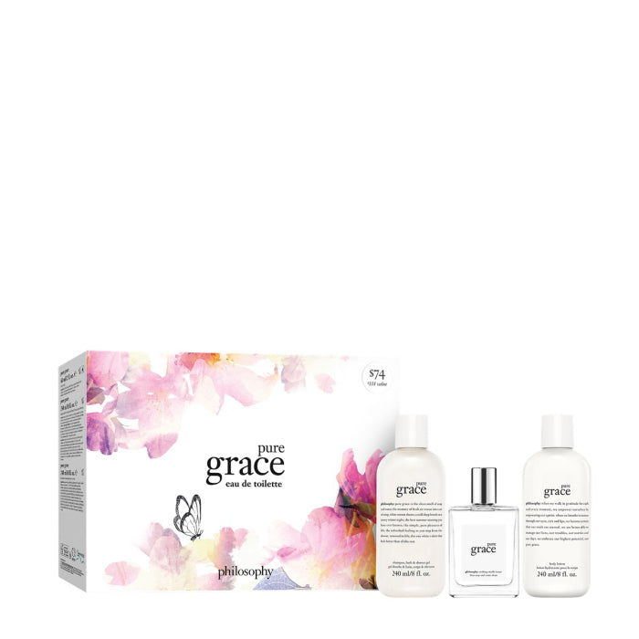 Philosophy Pure Grace gift set with eau de toilette, lotion, and shower gel in floral packaging