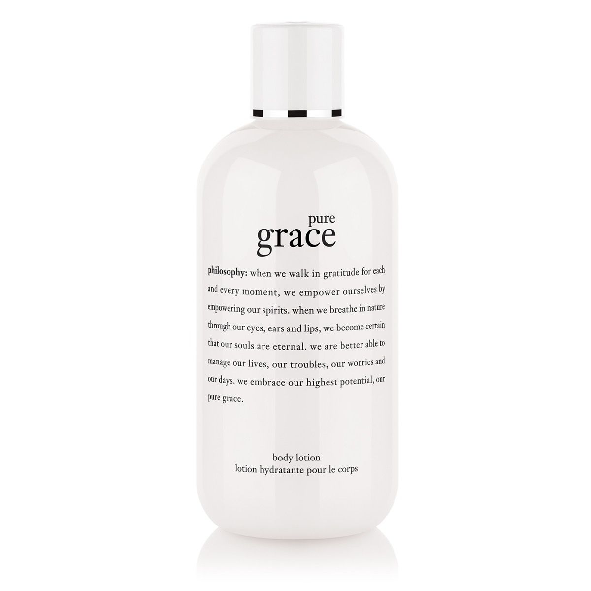 White bottle of Philosophy Pure Grace lotion body lotion with black text and white cap