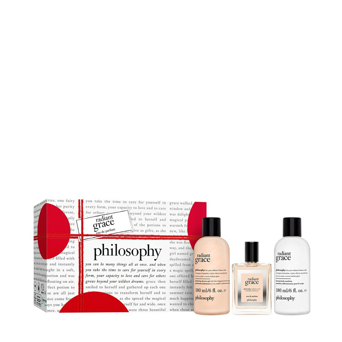 Philosophy Radiant Grace perfume set with body lotion and eau de parfum in front of decorative box
