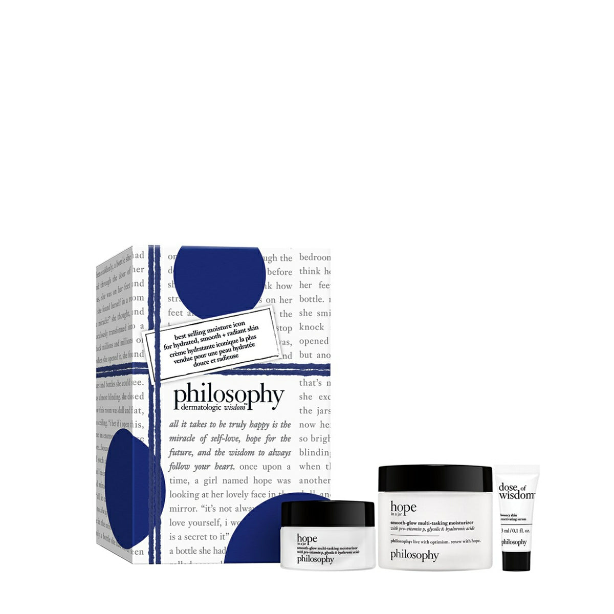 Philosophy skincare gift set with cleanser moisturizer and serum in white and black containers