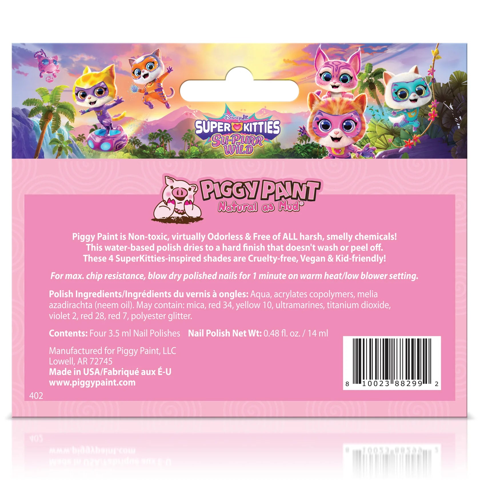 Piggy Paint SuperKitties nail polish back packaging with colorful design and product details
