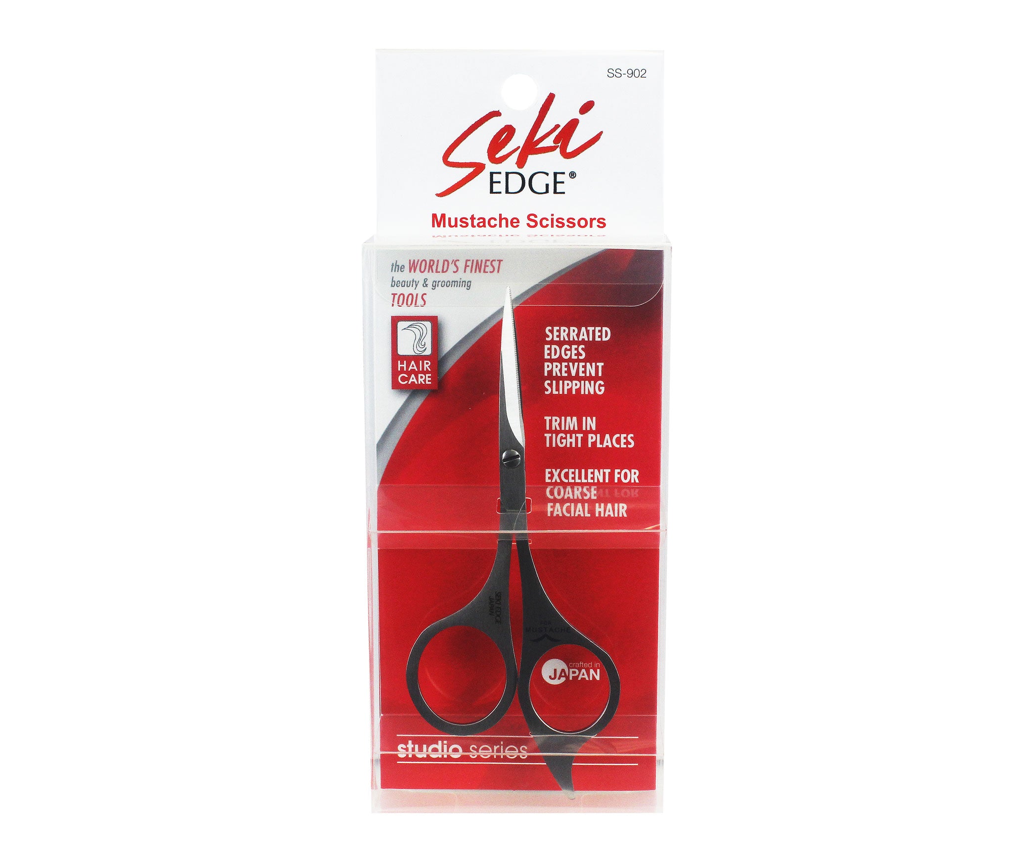 Seki Edge moustache scissors with serrated edges for precise trimming of coarse facial hair