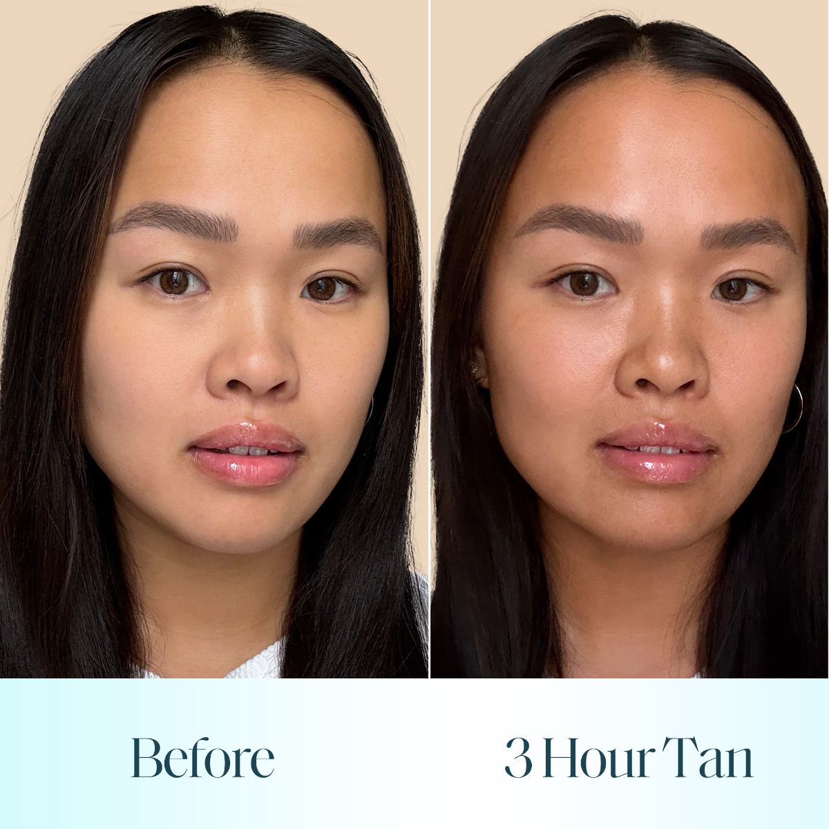 Before and after comparison showing the effect of St Tropez bronzing tint on a woman's face after 3 hours