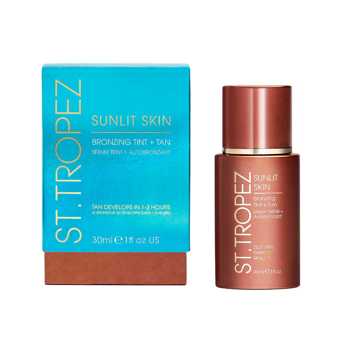 St Tropez bronzing tint Sunlit Skin bottle and blue box with self tan serum for glowing skin