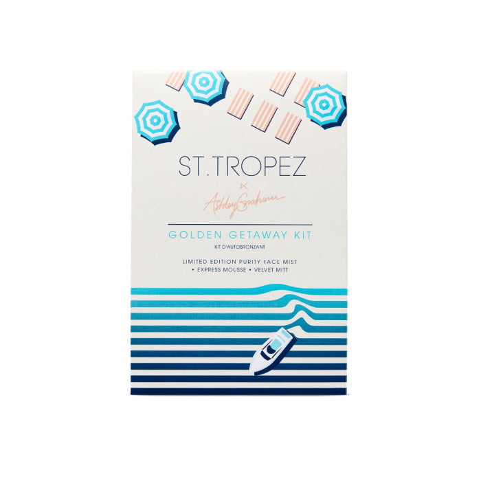 St Tropez Getaway Glow Kit packaging with beach umbrellas and towel design for skincare