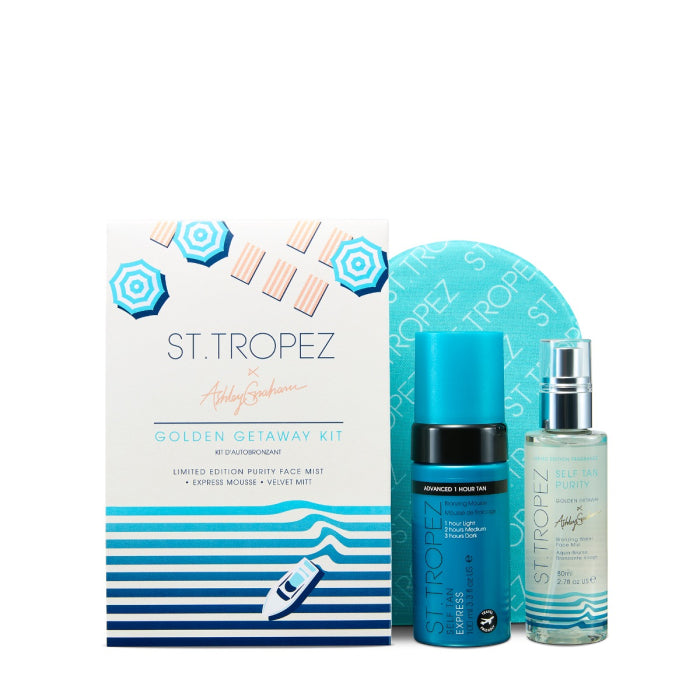 St Tropez Getaway Glow Kit with limited edition Purity Face Mist and Express Mousse in blue packaging