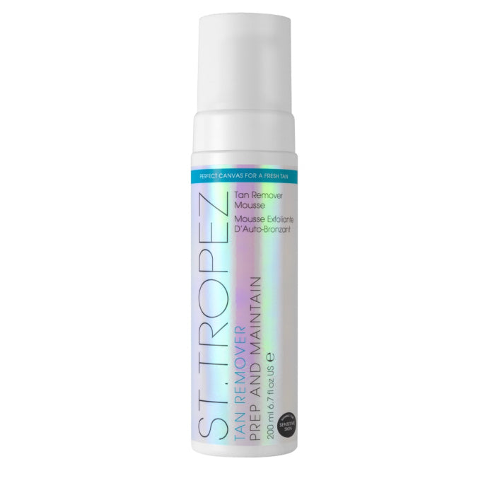 St Tropez tan remover mousse bottle with holographic label and white cap for exfoliating and prepping skin
