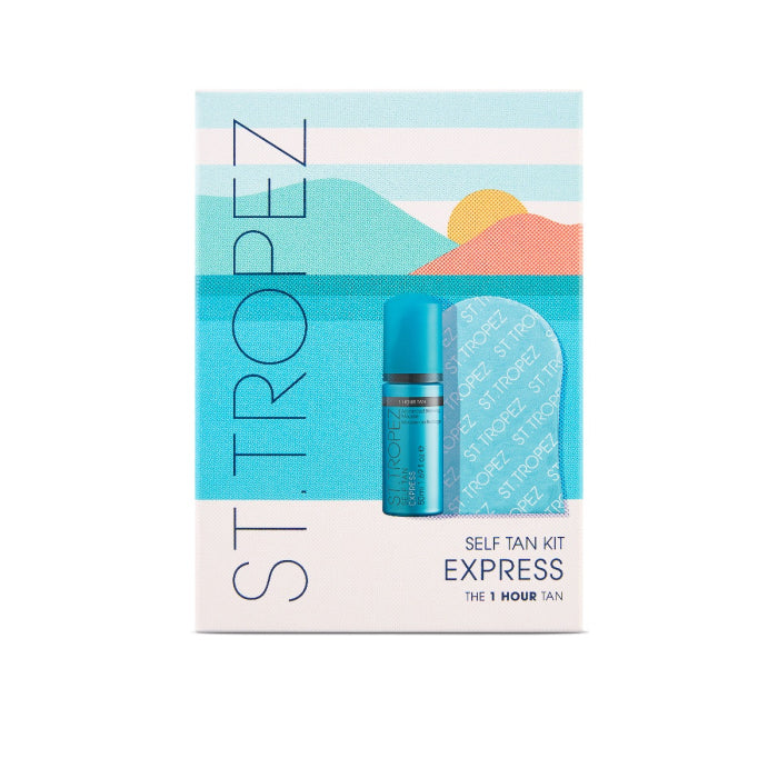 St. Tropez self tan kit express with 1 hour tan bottle and applicator mitt in blue packaging