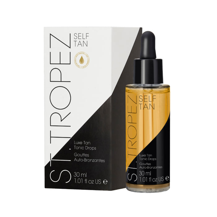 St Tropez tan drops self tan luxe tonic drops 30ml bottle with black and white packaging