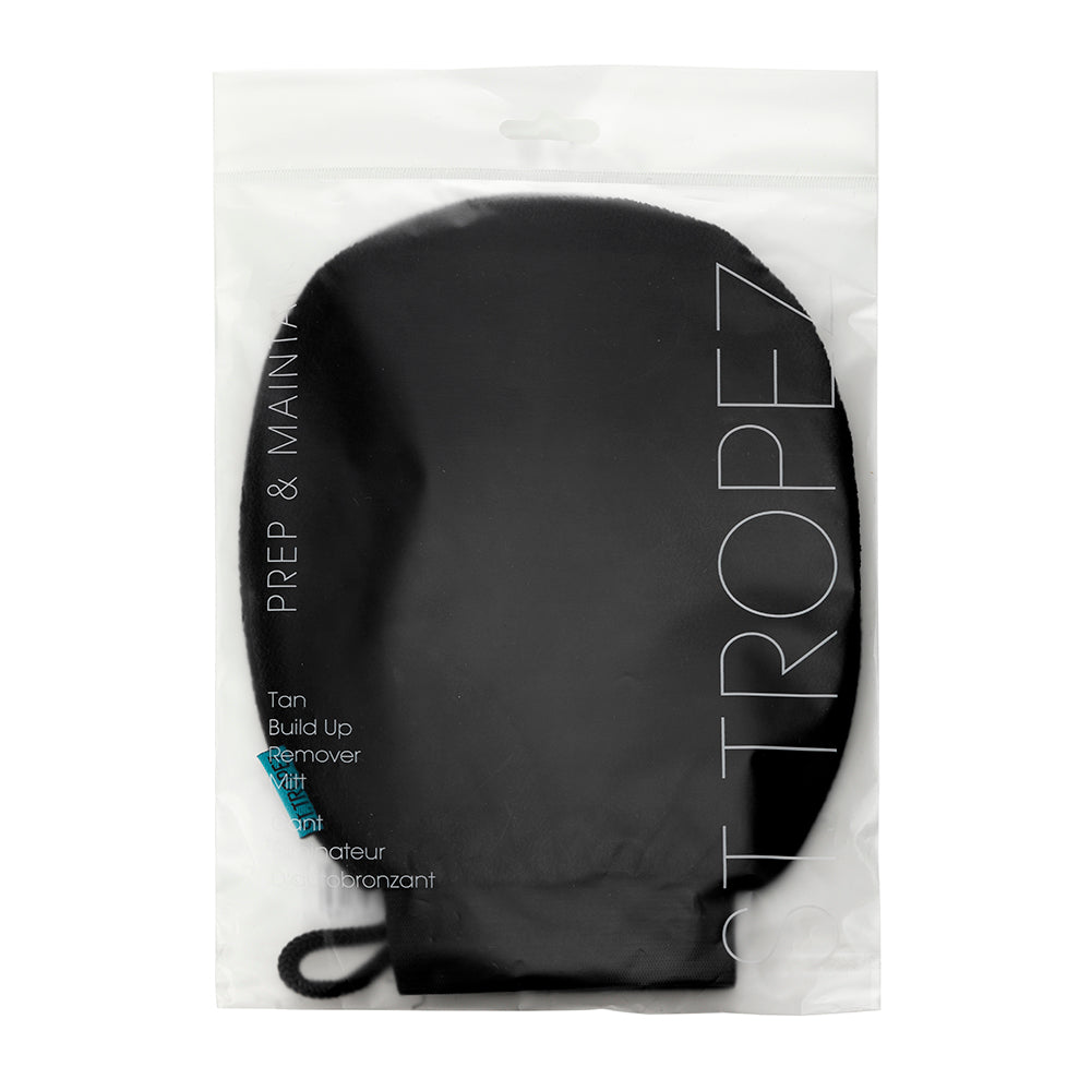 St Tropez black tan remover mitt in clear resealable packaging for easy self-tanning removal