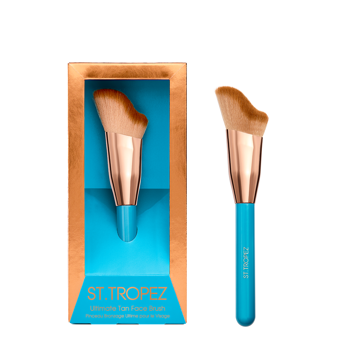 St Tropez ultimate tan face brush with angled bristles and blue handle with rose gold ferrule