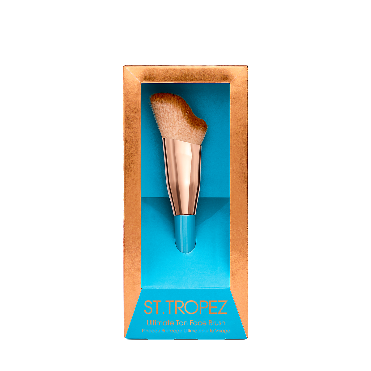 St Tropez ultimate tan face brush with angled soft bristles in rose gold and blue packaging