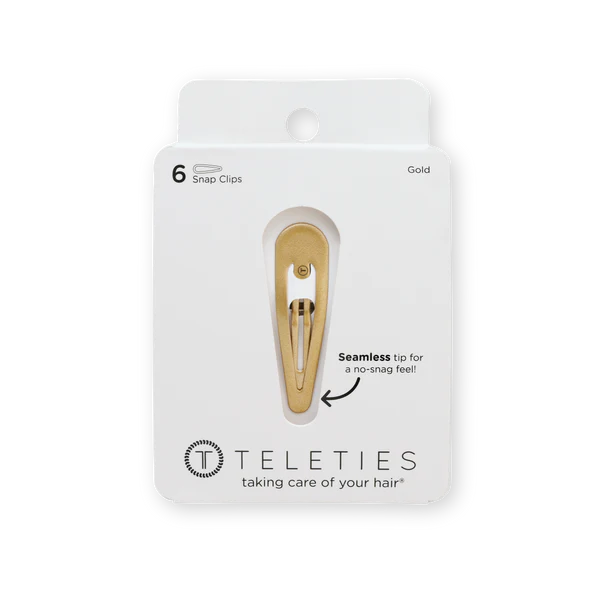 Teleties snap hair clips in gold packaging with six seamless clips for no-snag styling