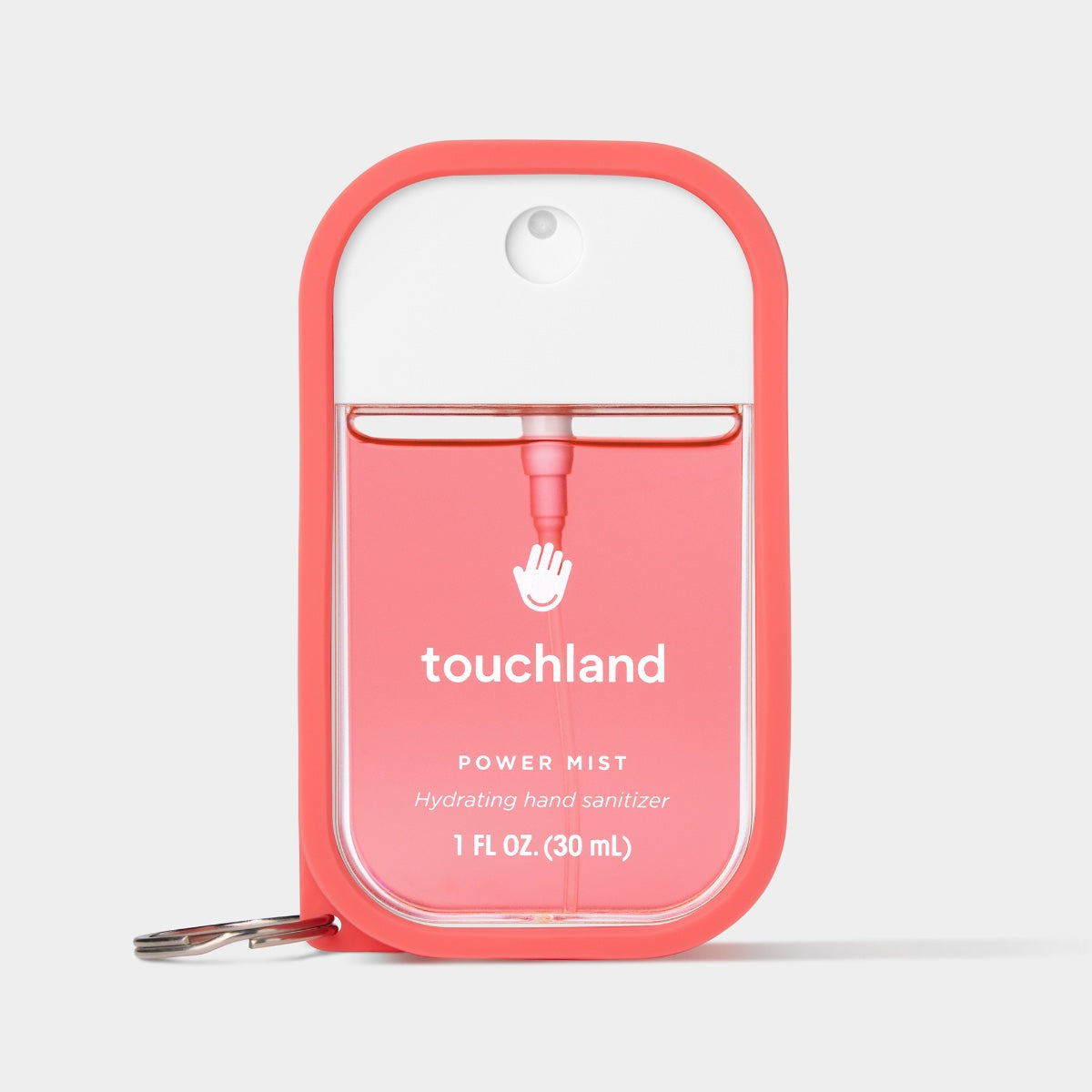 Touchland hand sanitizer mist in a pink bottle with a keychain attachment for easy use