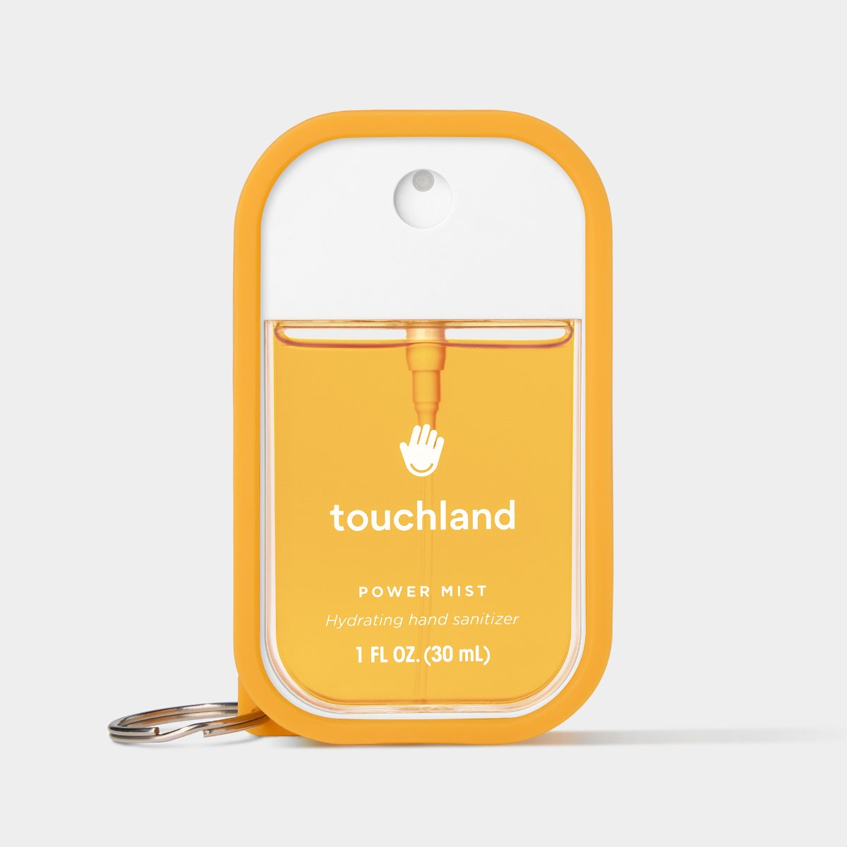Touchland hand sanitizer mist in a bright yellow container with a keychain attachment for easy use