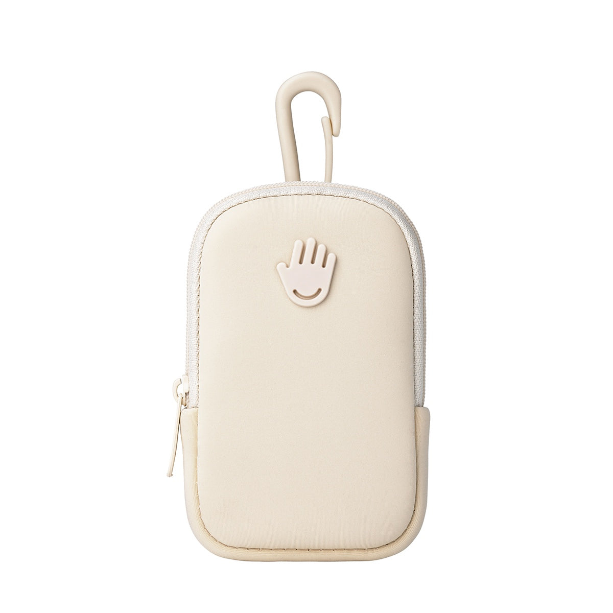 Touchland hand sanitizer pouch in beige with a convenient hook for easy attachment