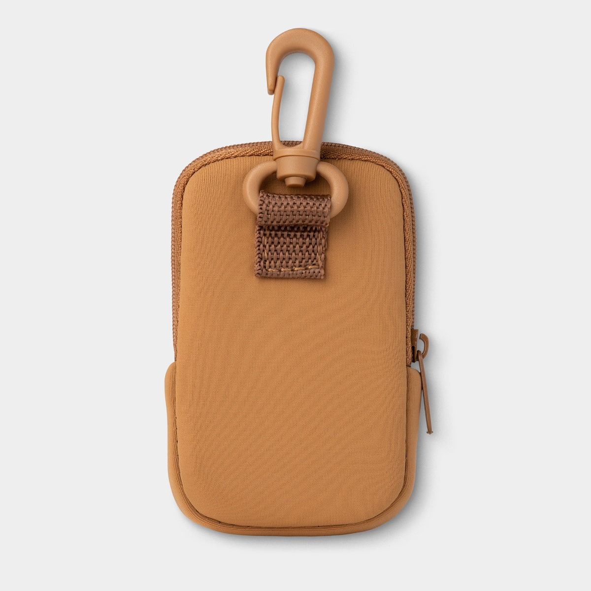 Touchland hand sanitizer pouch in tan with a secure clip for easy attachment and portability