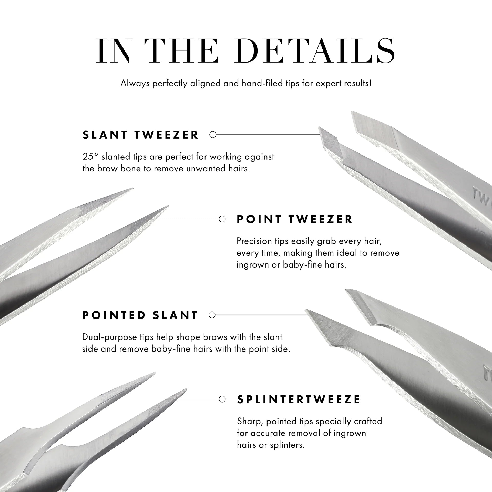 Tweezerman tweezer guide showing slant, point, and splinter tweezers for precise hair removal