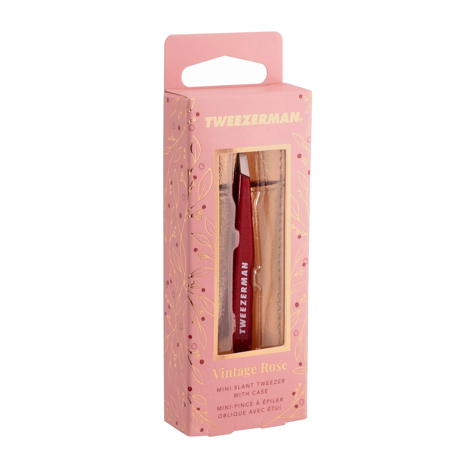 Tweezerman mini slant tweezer in vintage rose color with protective case for precision grooming