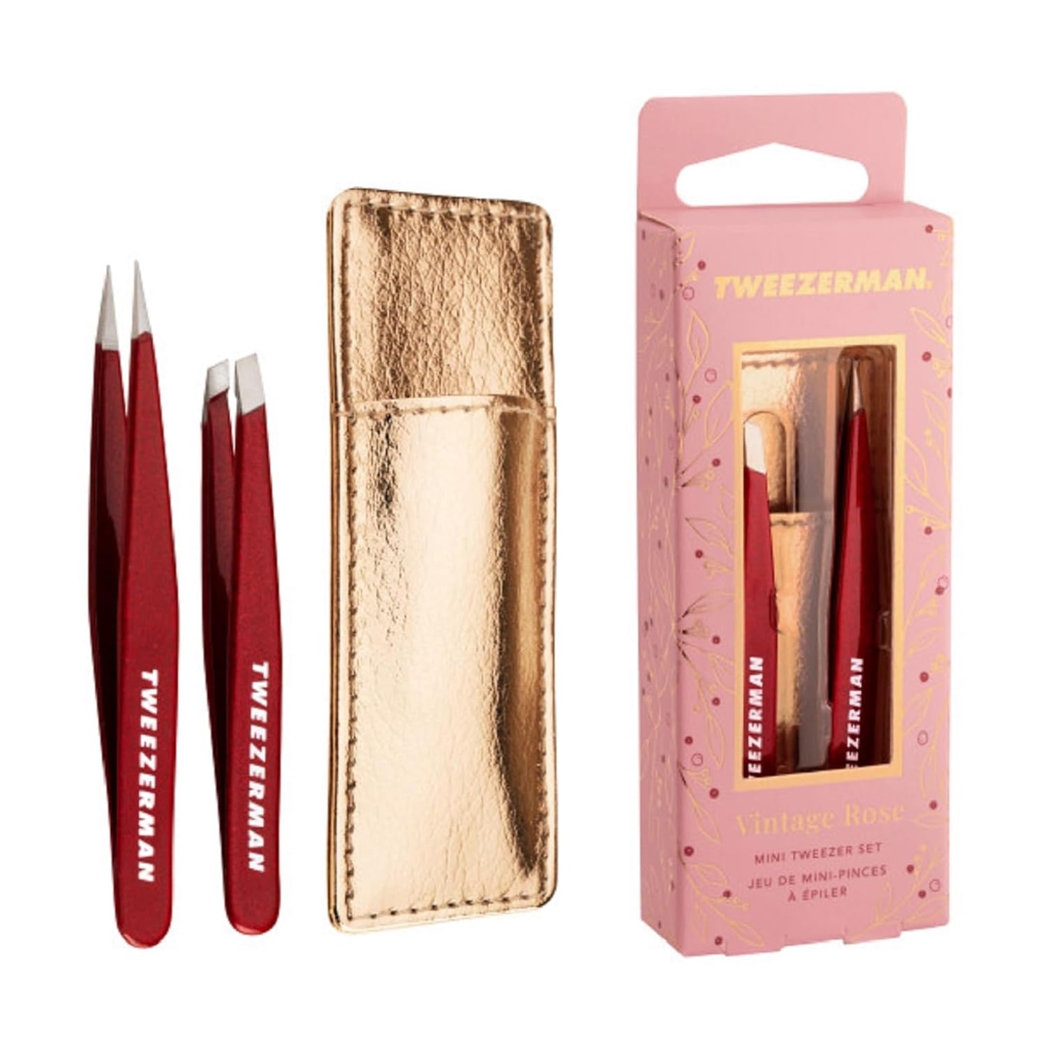 Tweezerman mini tweezer set in Vintage Rose with gold travel case for precision grooming