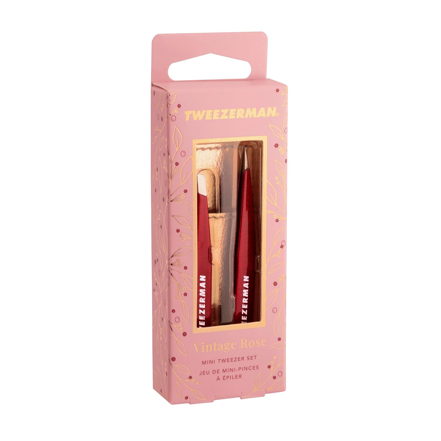 Tweezerman mini tweezer set in Vintage Rose with slant and point tweezers in a stylish box