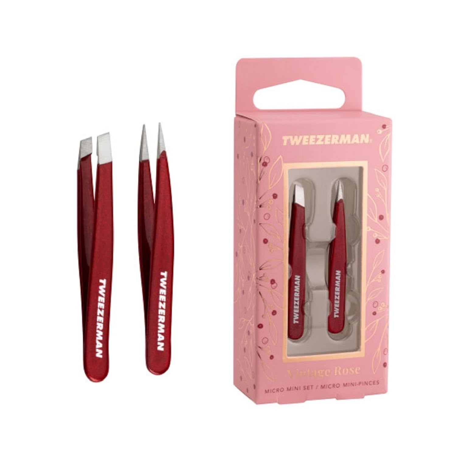 Tweezerman mini tweezer set in rose red with slant and point tweezers for precision grooming