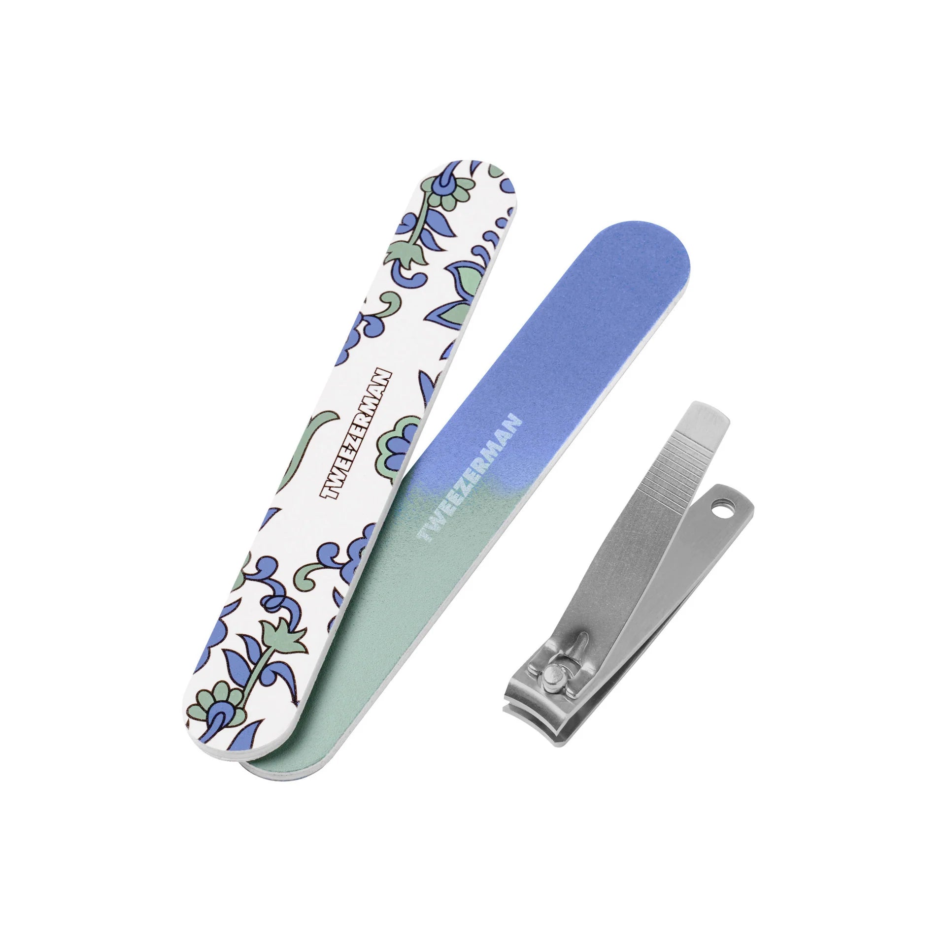Tweezerman nail care set including patterned nail file and stainless steel clipper, ideal products for nail care