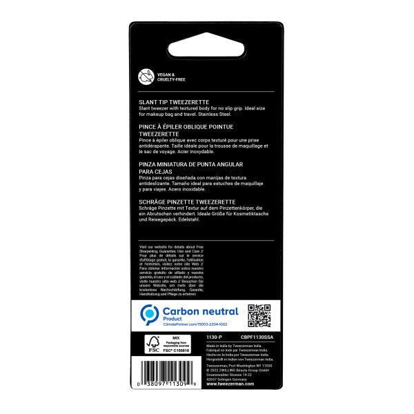 Tweezerman Slant Tip Tweezers packaging with sleek design and usage instructions for precise grooming
