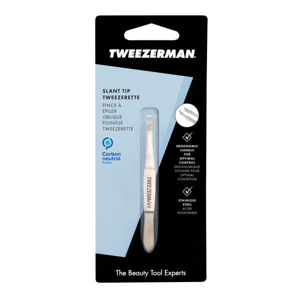 Tweezerman Slant Tip Tweezers in a sleek package designed for precise hair removal
