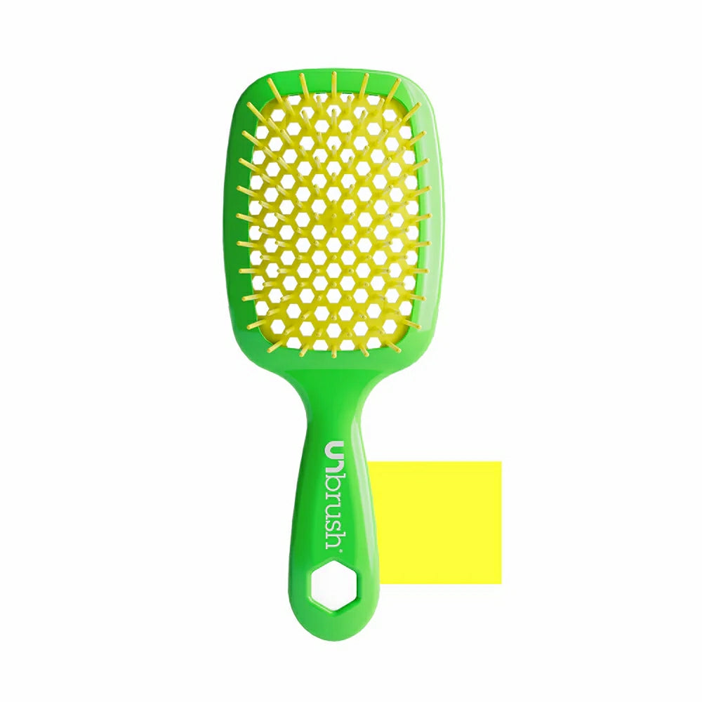 Unbrush original full sized hair brush in green with yellow flexible bristles and ergonomic handle