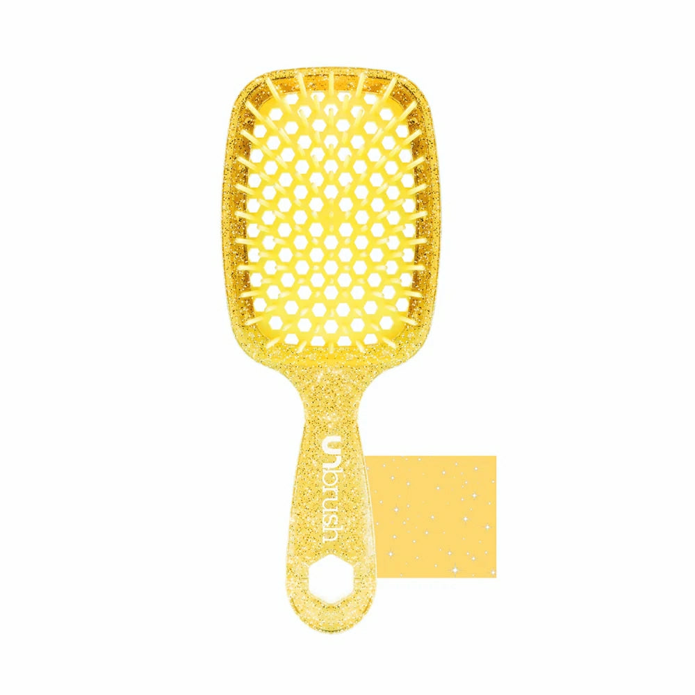 Unbrush original full sized hair brush in glittery yellow with ventilated paddle design