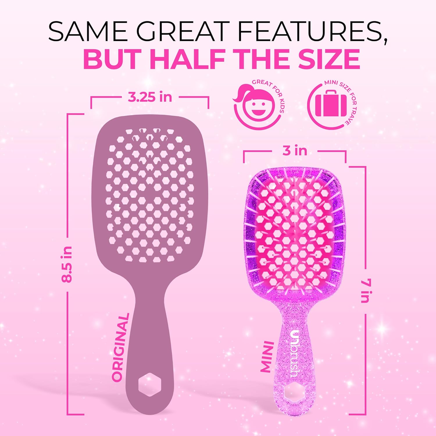 Unbrush glitter hair brush mini size compared to original brush with dimensions and kid-friendly features